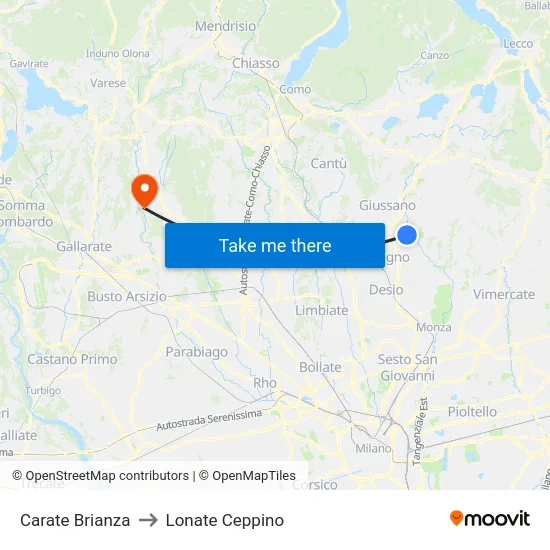 Carate Brianza to Lonate Ceppino map