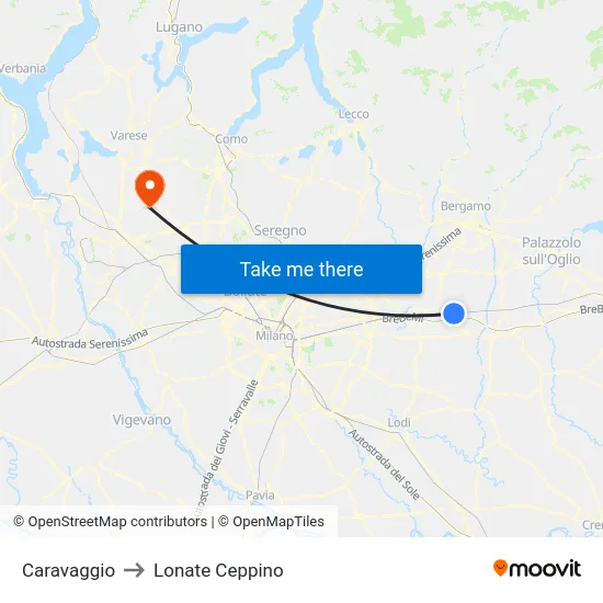 Caravaggio to Lonate Ceppino map