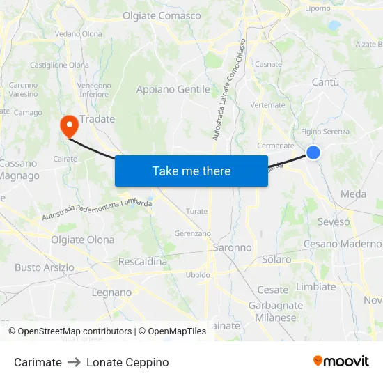 Carimate to Lonate Ceppino map