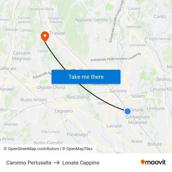 Caronno Pertusella to Lonate Ceppino map