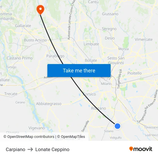 Carpiano to Lonate Ceppino map