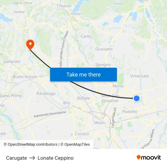 Carugate to Lonate Ceppino map