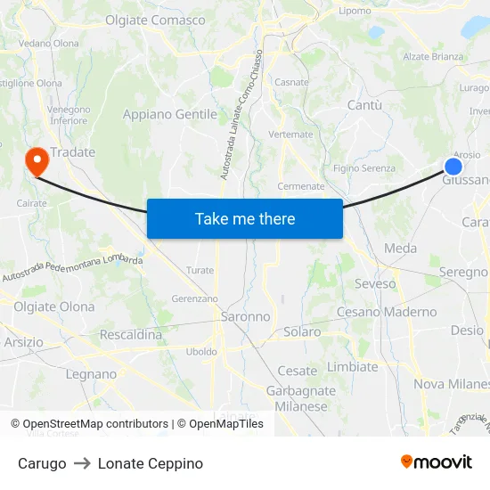 Carugo to Lonate Ceppino map