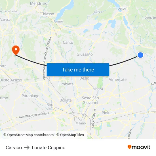 Carvico to Lonate Ceppino map