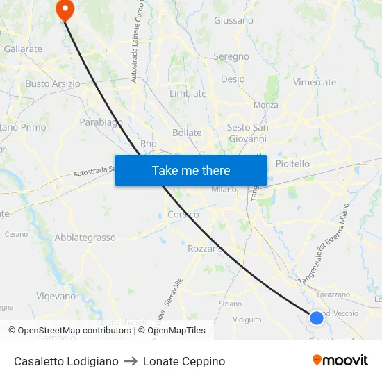 Casaletto Lodigiano to Lonate Ceppino map