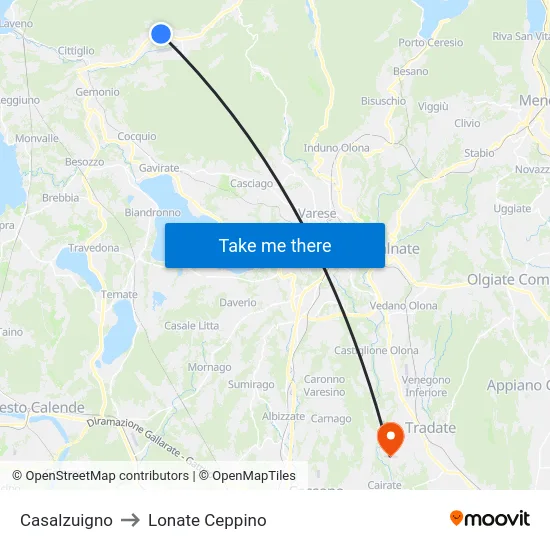 Casalzuigno to Lonate Ceppino map