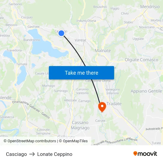 Casciago to Lonate Ceppino map