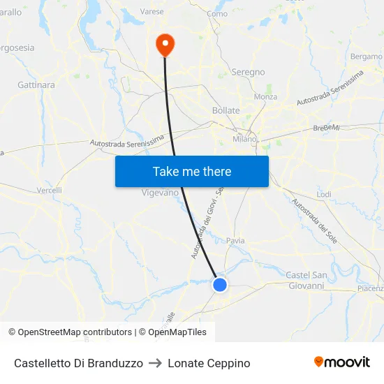 Castelletto Di Branduzzo to Lonate Ceppino map