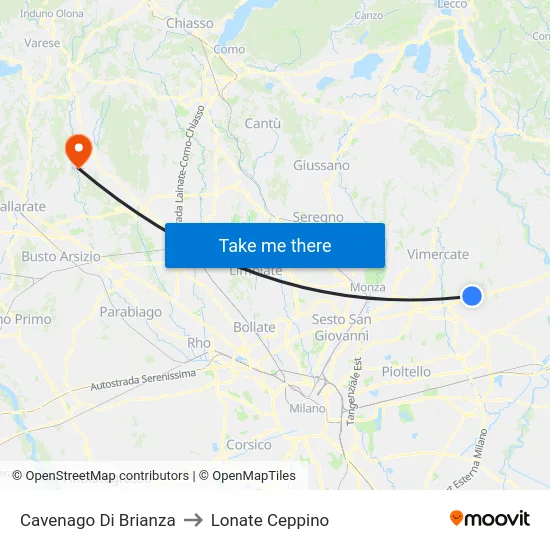 Cavenago Di Brianza to Lonate Ceppino map