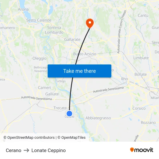 Cerano to Lonate Ceppino map