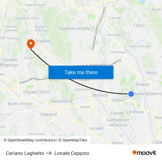 Ceriano Laghetto to Lonate Ceppino map