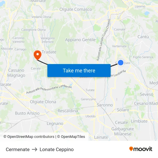 Cermenate to Lonate Ceppino map