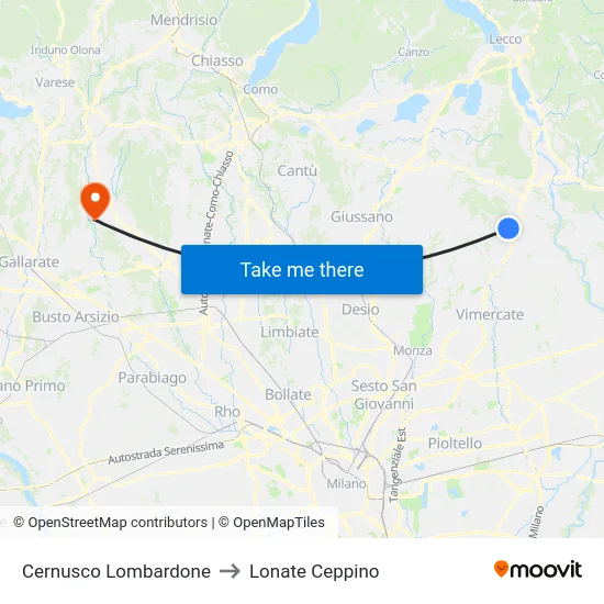 Cernusco Lombardone to Lonate Ceppino map
