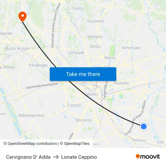 Cervignano D' Adda to Lonate Ceppino map