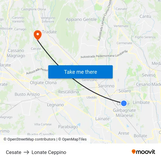 Cesate to Lonate Ceppino map