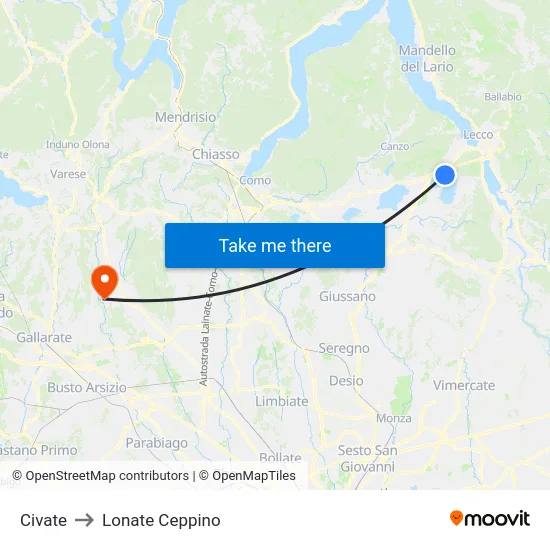 Civate to Lonate Ceppino map