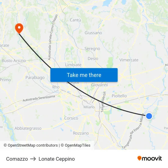 Comazzo to Lonate Ceppino map