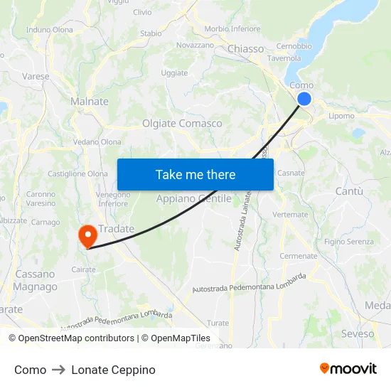 Como to Lonate Ceppino map