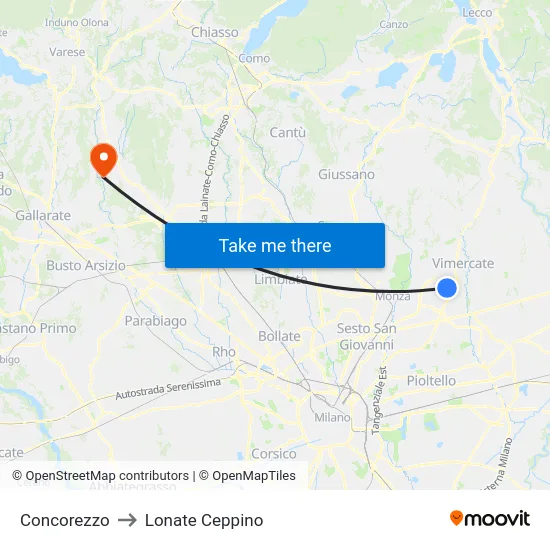Concorezzo to Lonate Ceppino map