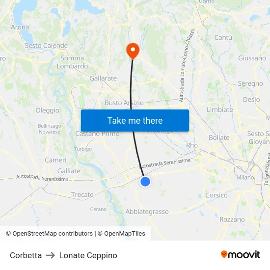 Corbetta to Lonate Ceppino map