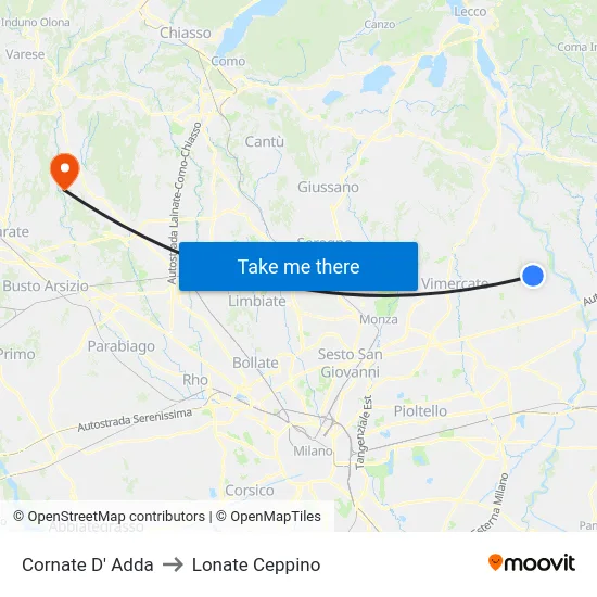 Cornate D' Adda to Lonate Ceppino map