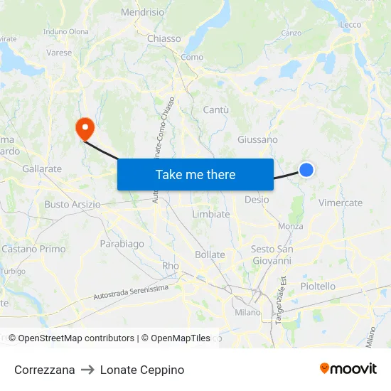 Correzzana to Lonate Ceppino map