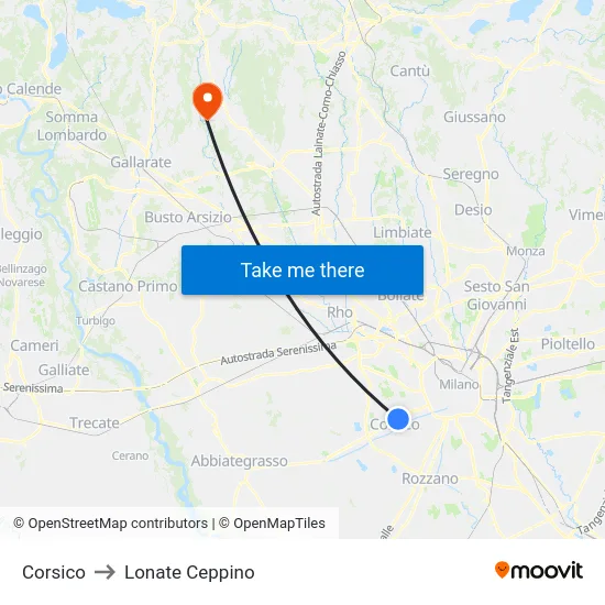 Corsico to Lonate Ceppino map