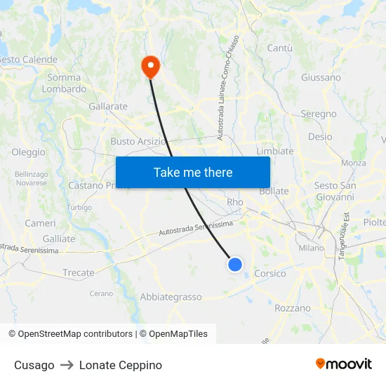 Cusago to Lonate Ceppino map