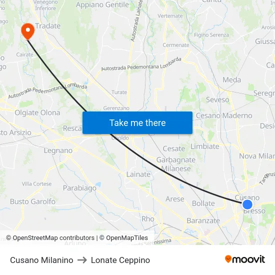 Cusano Milanino to Lonate Ceppino map