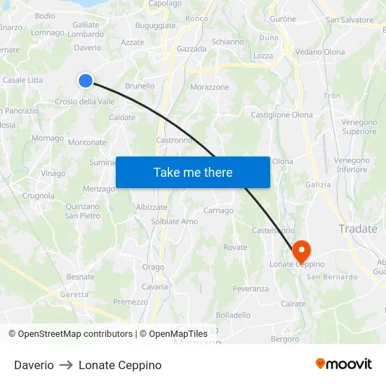 Daverio to Lonate Ceppino map