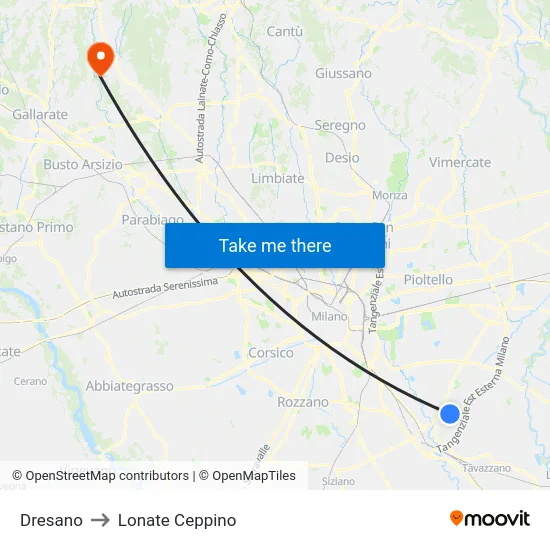 Dresano to Lonate Ceppino map