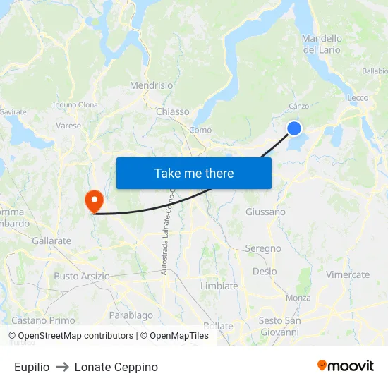Eupilio to Lonate Ceppino map