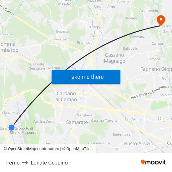 Ferno to Lonate Ceppino map