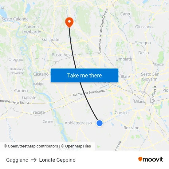 Gaggiano to Lonate Ceppino map