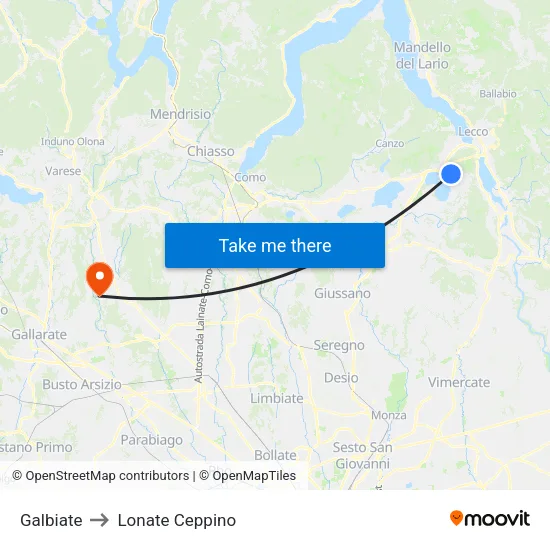 Galbiate to Lonate Ceppino map