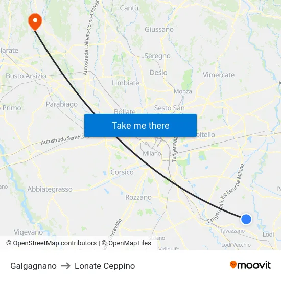 Galgagnano to Lonate Ceppino map