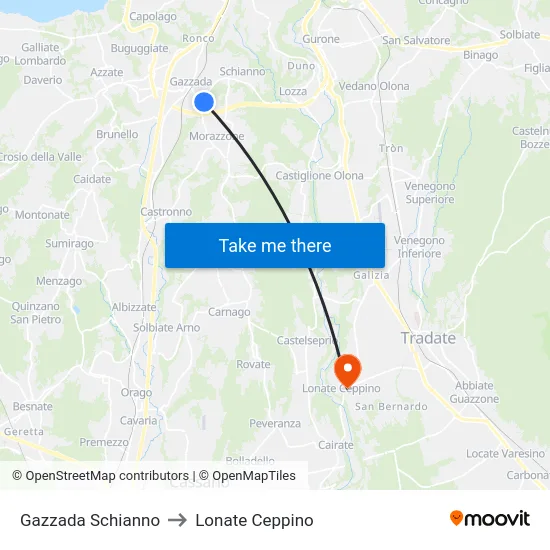 Gazzada Schianno to Lonate Ceppino map
