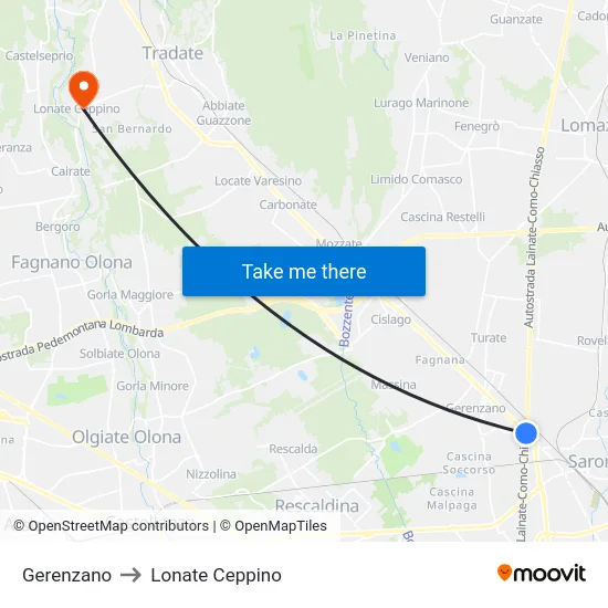 Gerenzano to Lonate Ceppino map
