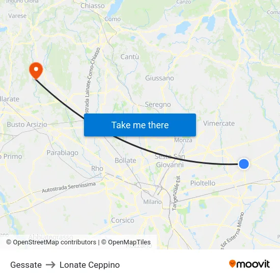 Gessate to Lonate Ceppino map