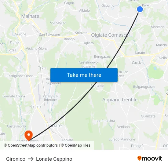 Gironico to Lonate Ceppino map
