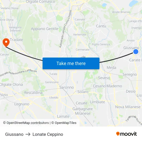 Giussano to Lonate Ceppino map