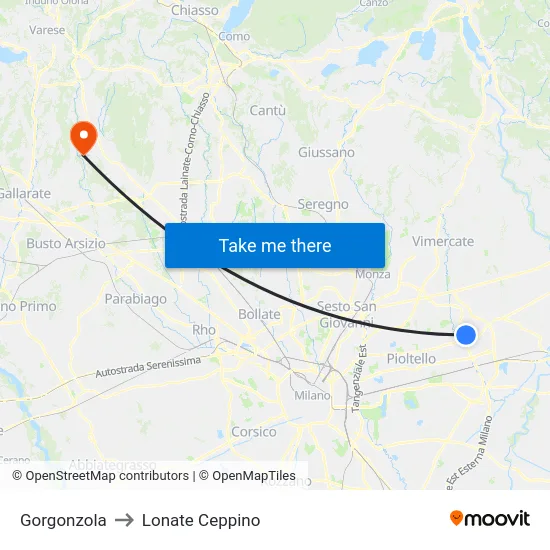 Gorgonzola to Lonate Ceppino map