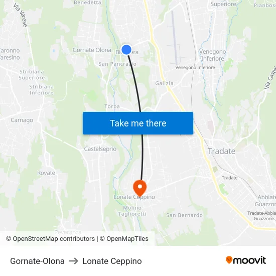 Gornate-Olona to Lonate Ceppino map