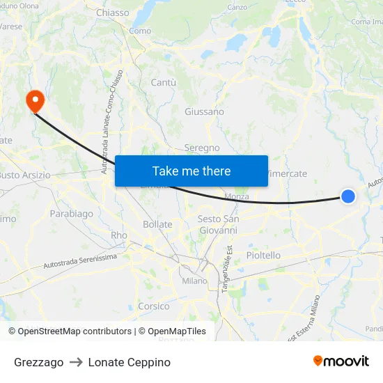 Grezzago to Lonate Ceppino map