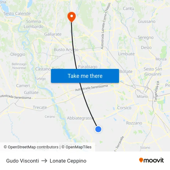 Gudo Visconti to Lonate Ceppino map