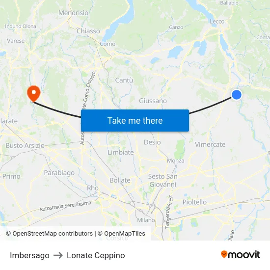Imbersago to Lonate Ceppino map