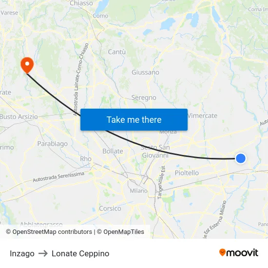 Inzago to Lonate Ceppino map