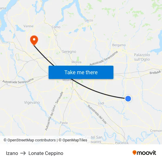 Izano to Lonate Ceppino map