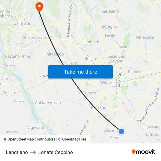 Landriano to Lonate Ceppino map