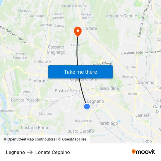 Legnano to Lonate Ceppino map